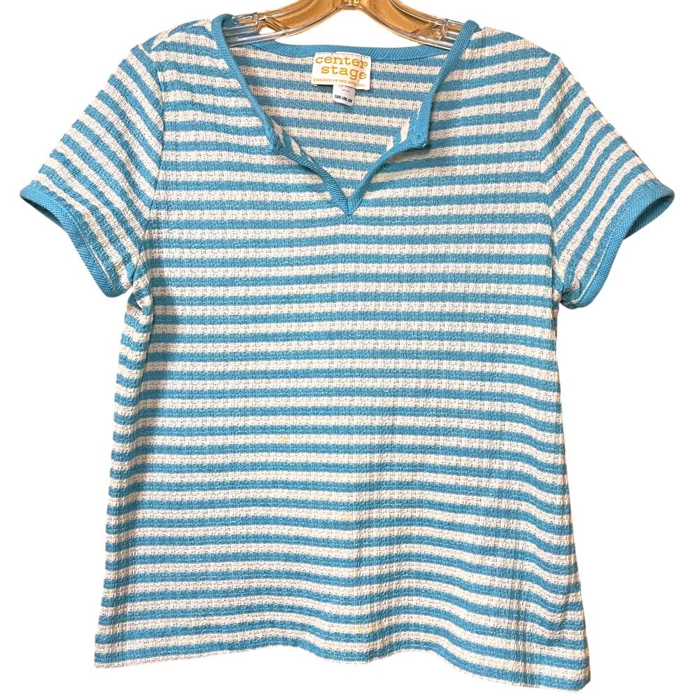 Vintage Center Stage Striped Knit Top Women’s L (Fits S/M) Blue & White 70s–80s